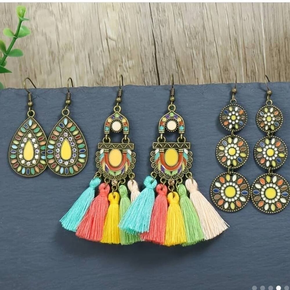 3 Pairs Boho Multicolor Tassel Drop Rhinestone Earrings